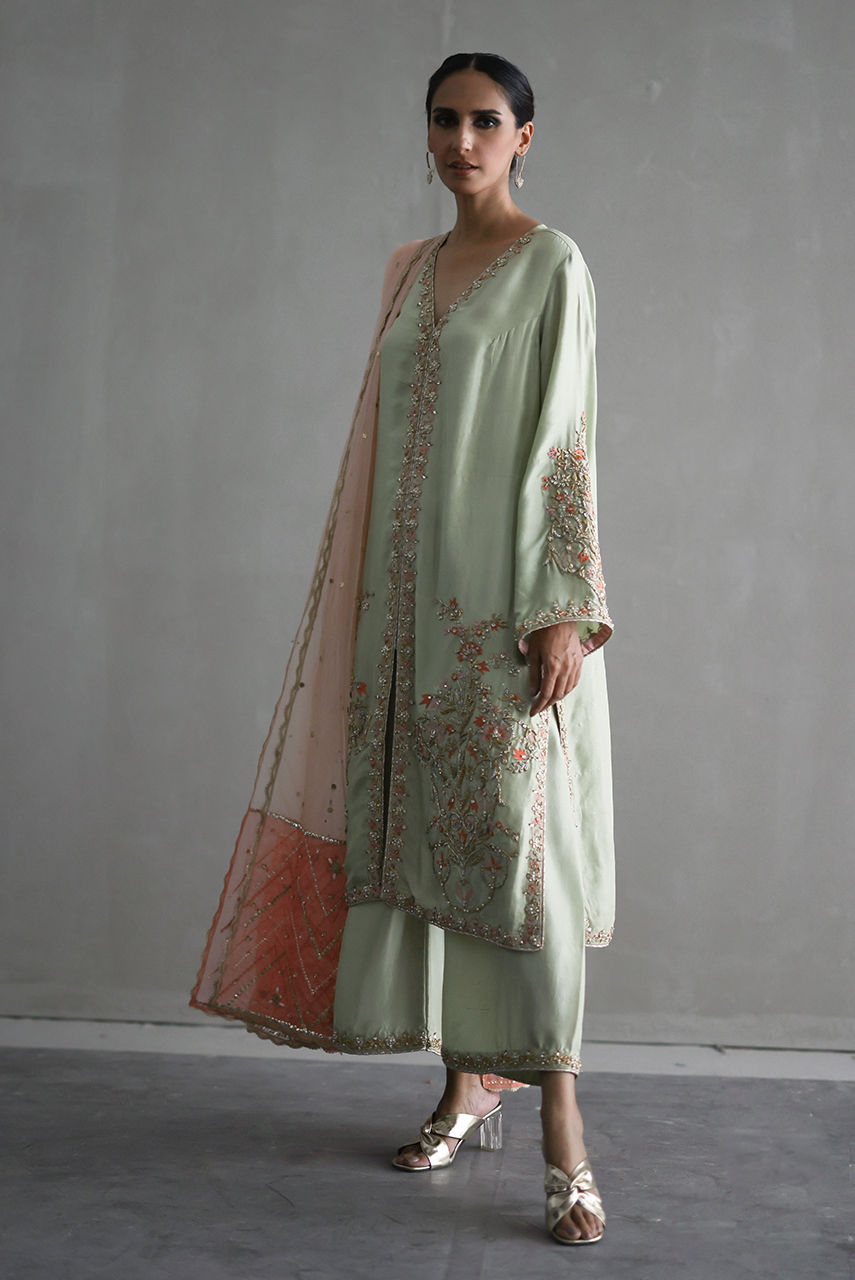 Mint Green Embroidered Raw Silk Salwar Kameez (3-Piece) - Image 4