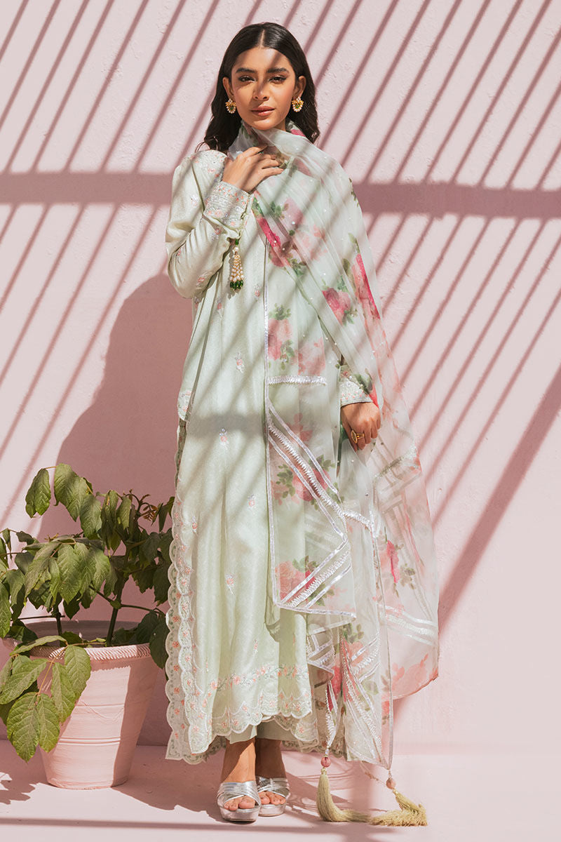 Pakistani Mint Resham Embroidered Raw Silk Salwar Kameez (3-Piece) - Image 1