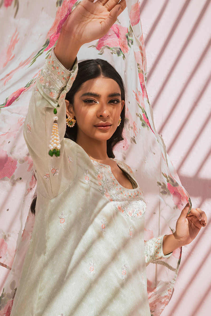 Pakistani Mint Resham Embroidered Raw Silk Salwar Kameez (3-Piece) - Image 10