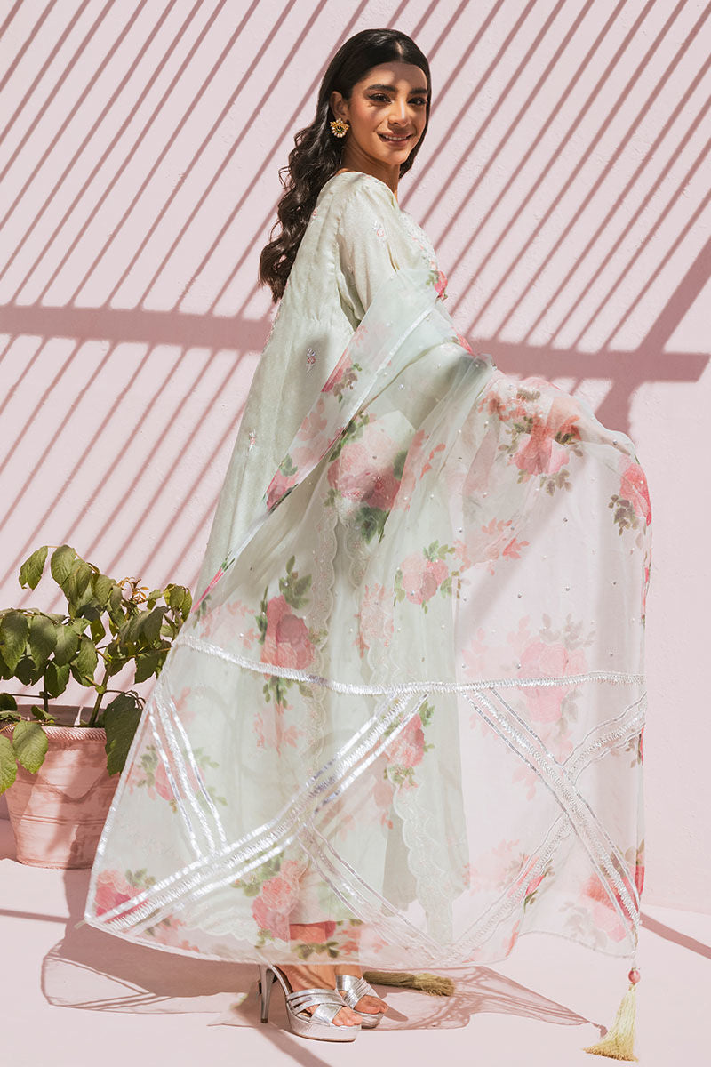 Pakistani Mint Resham Embroidered Raw Silk Salwar Kameez (3-Piece) - Image 2