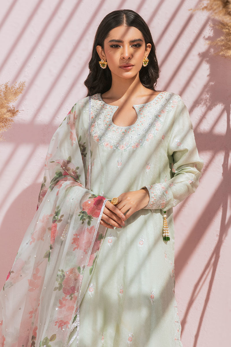 Pakistani Mint Resham Embroidered Raw Silk Salwar Kameez (3-Piece) - Image 3