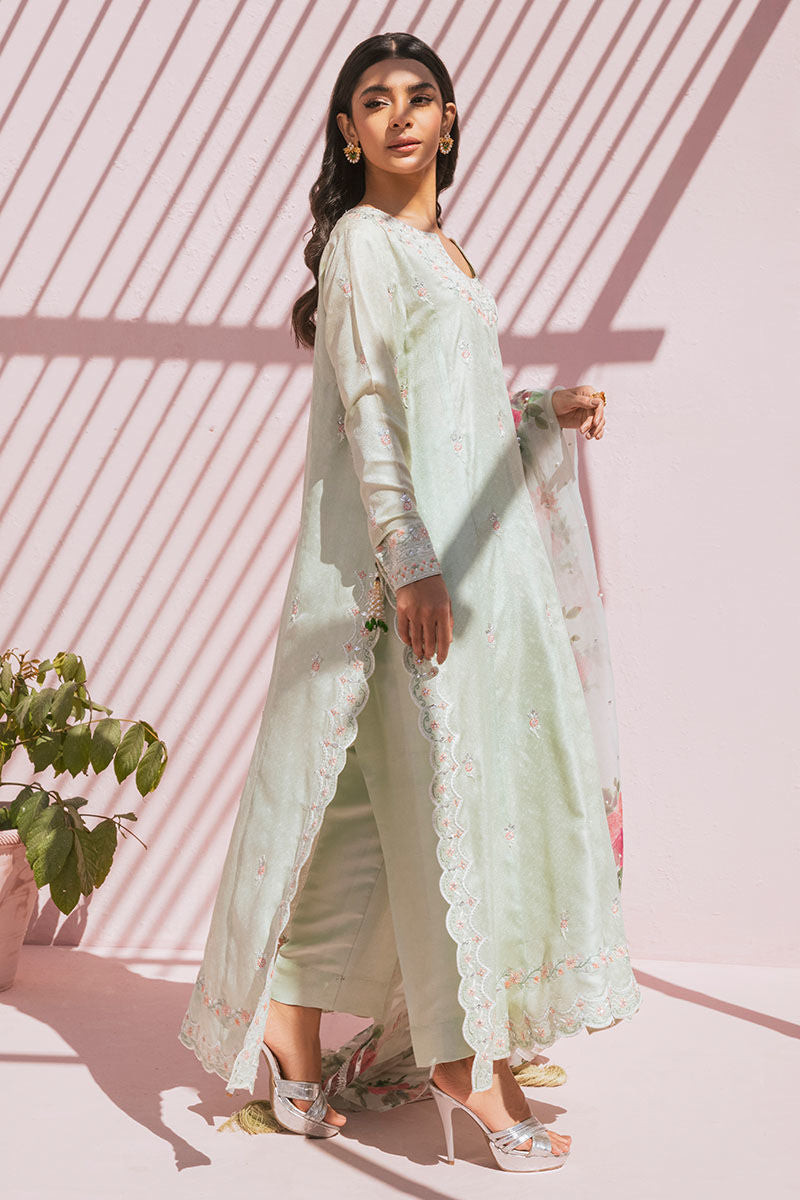Pakistani Mint Resham Embroidered Raw Silk Salwar Kameez (3-Piece) - Image 4