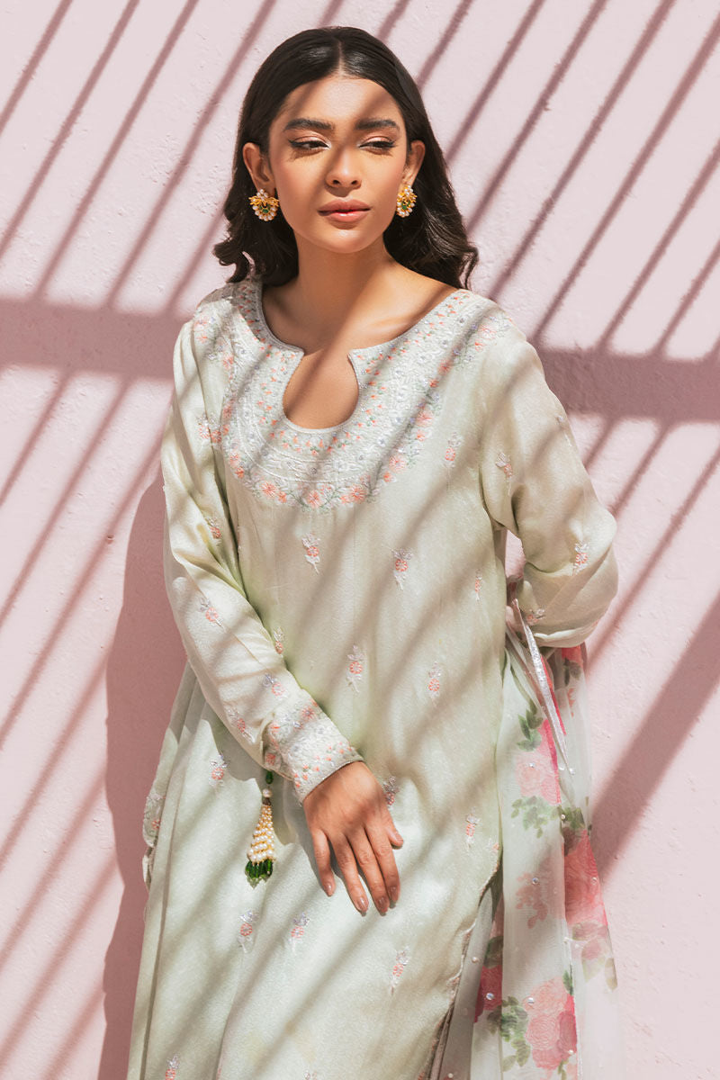 Pakistani Mint Resham Embroidered Raw Silk Salwar Kameez (3-Piece) - Image 6