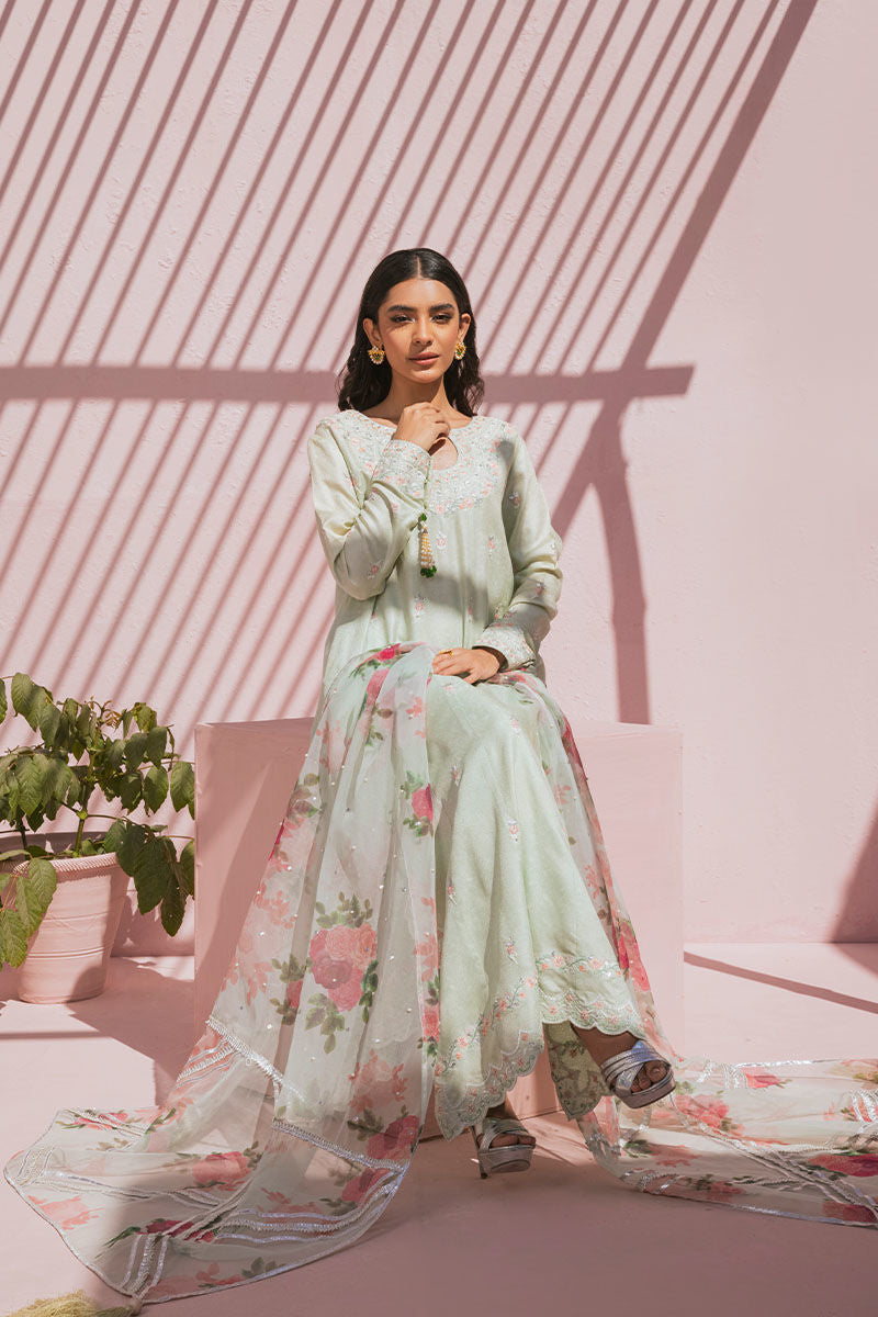 Pakistani Mint Resham Embroidered Raw Silk Salwar Kameez (3-Piece) - Image 8