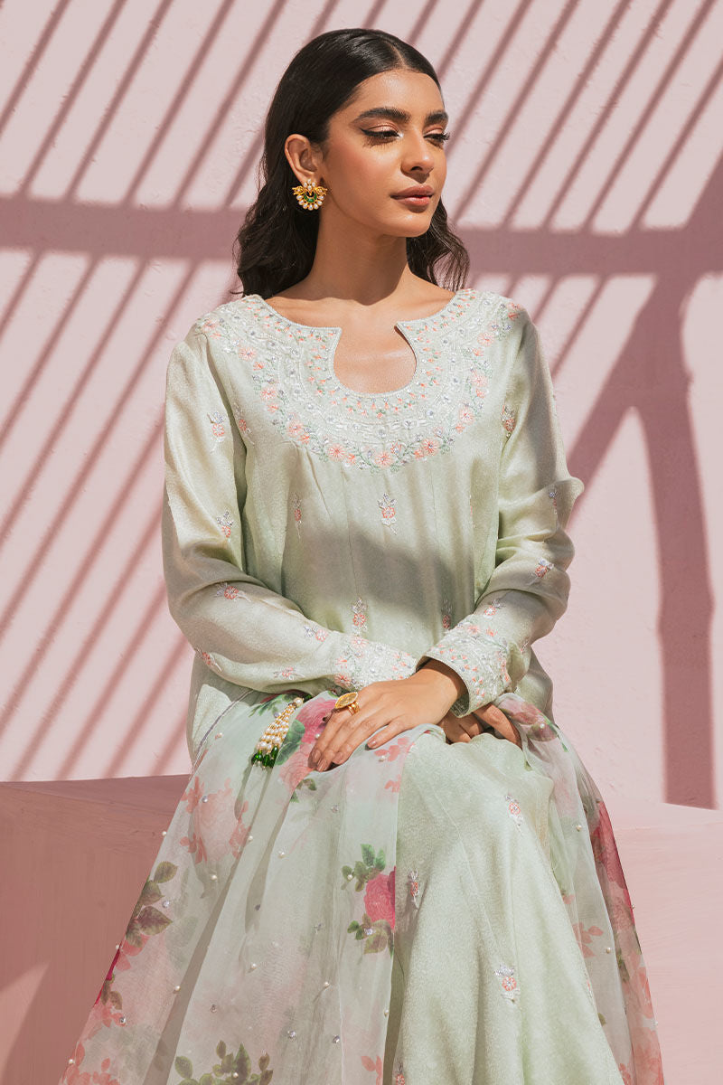 Pakistani Mint Resham Embroidered Raw Silk Salwar Kameez (3-Piece) - Image 9