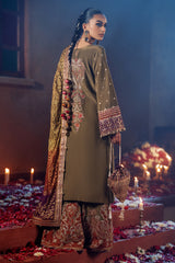 Pakistani Deep Olive Green Embroidered Raw Silk Salwar Kameez (3-Piece) - Image 3