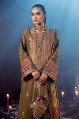 Pakistani Deep Olive Green Embroidered Raw Silk Salwar Kameez (3-Piece) - Image 6