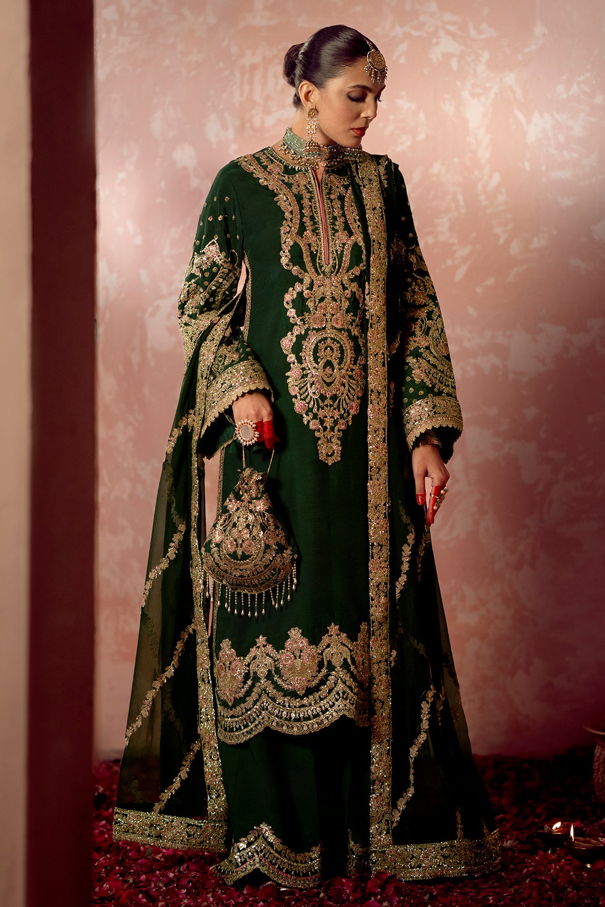 Pakistani Deep Green Embroidered Raw Silk Salwar Kameez (3-Piece) - Image 1