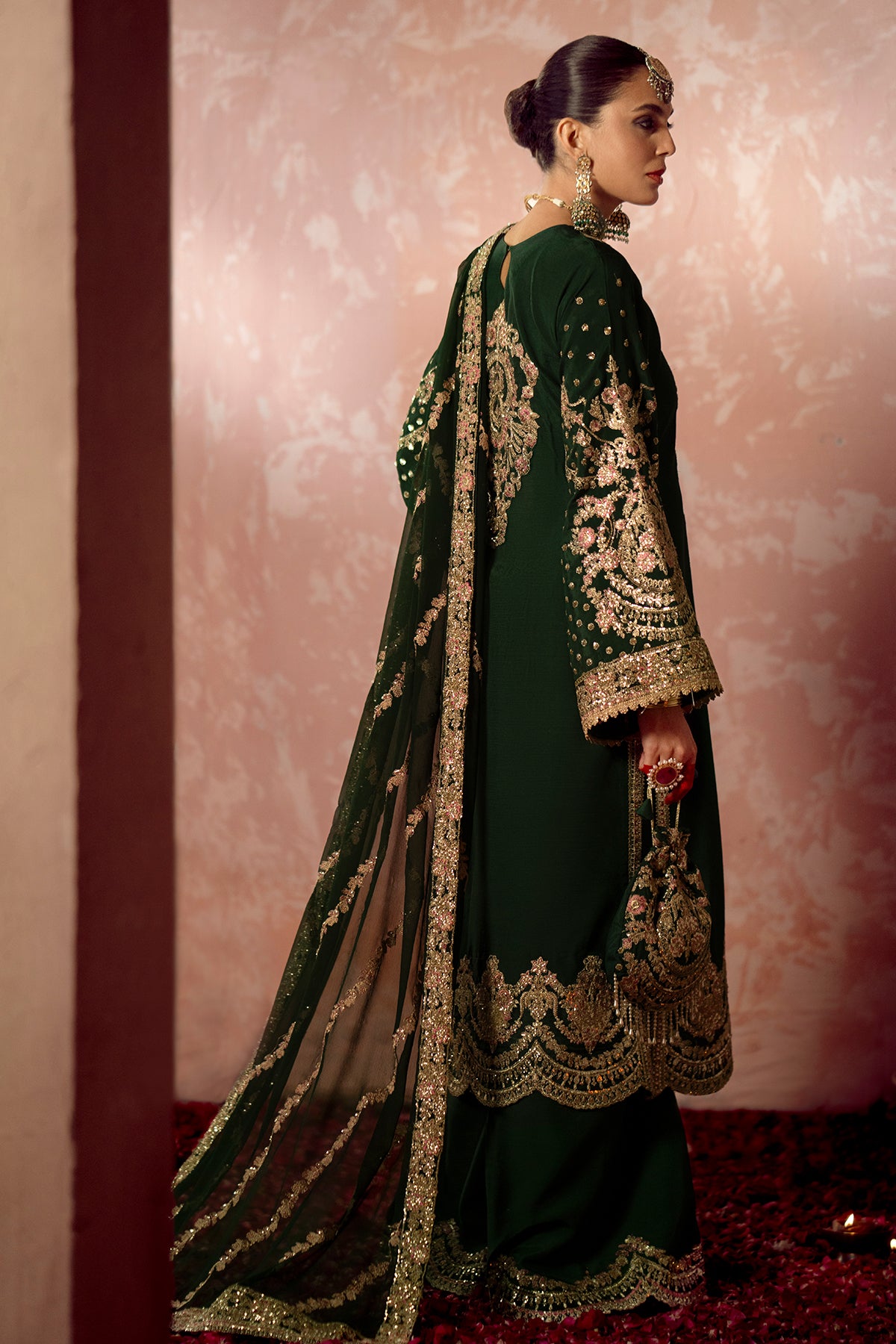 Pakistani Deep Green Embroidered Raw Silk Salwar Kameez (3-Piece) - Image 2