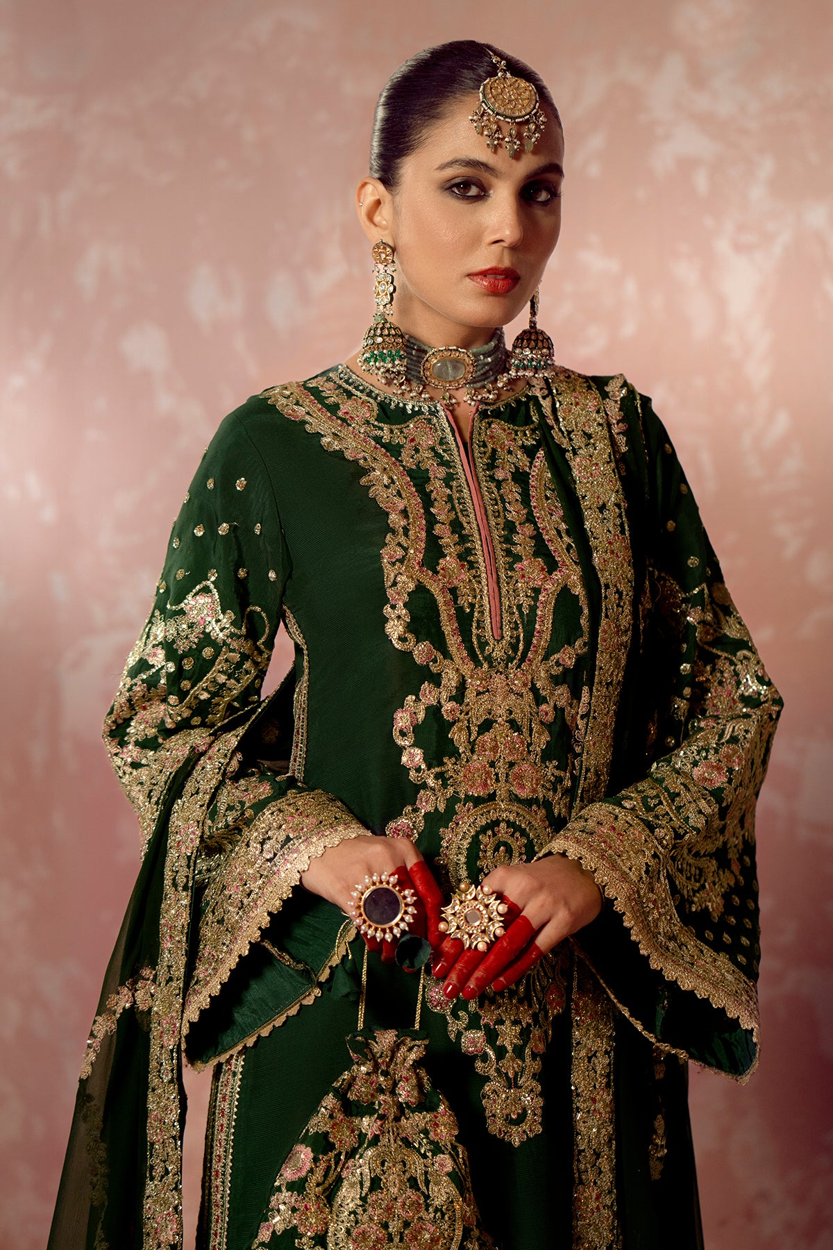Pakistani Deep Green Embroidered Raw Silk Salwar Kameez (3-Piece) - Image 3