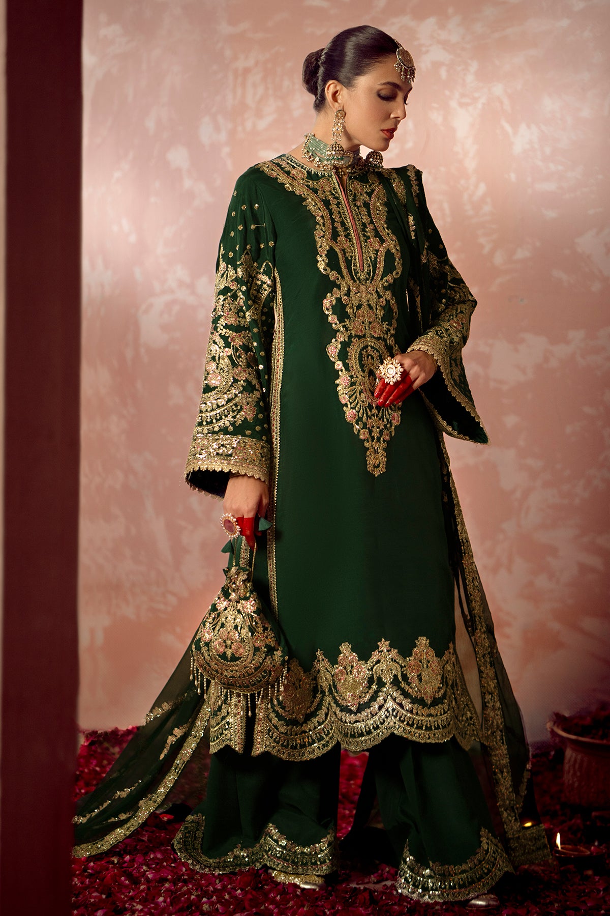 Pakistani Deep Green Embroidered Raw Silk Salwar Kameez (3-Piece) - Image 4