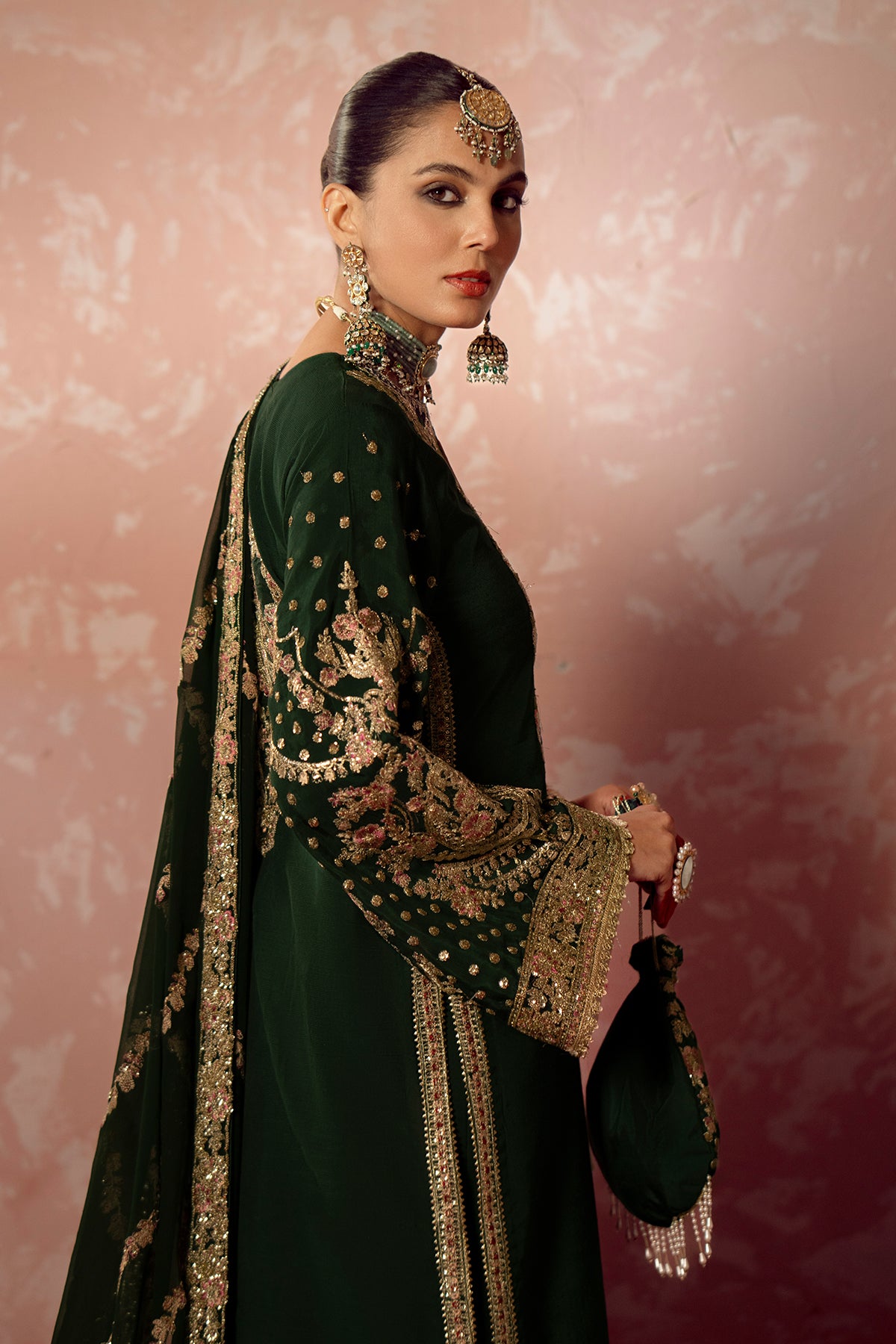 Pakistani Deep Green Embroidered Raw Silk Salwar Kameez (3-Piece) - Image 5