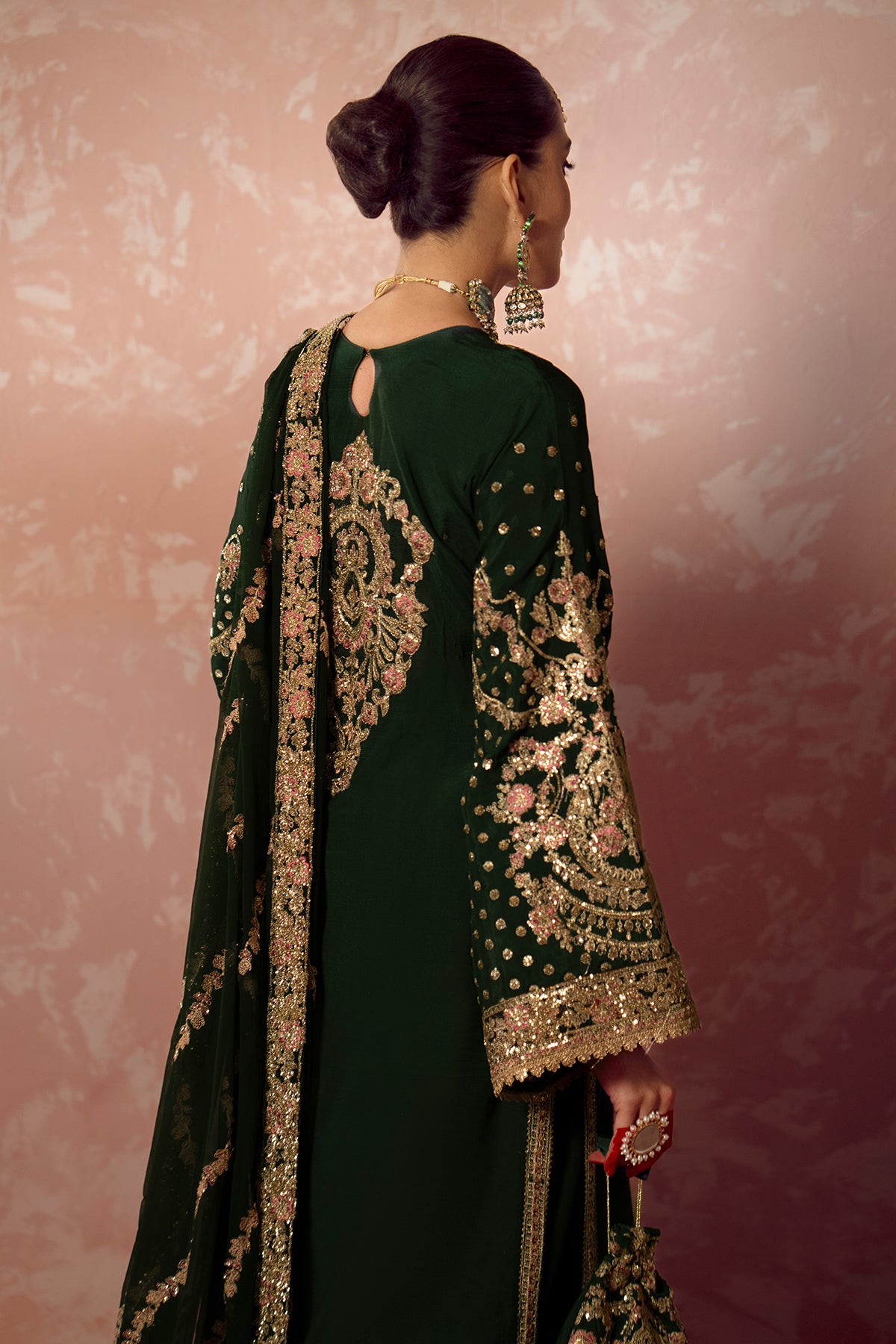 Pakistani Deep Green Embroidered Raw Silk Salwar Kameez (3-Piece) - Image 6