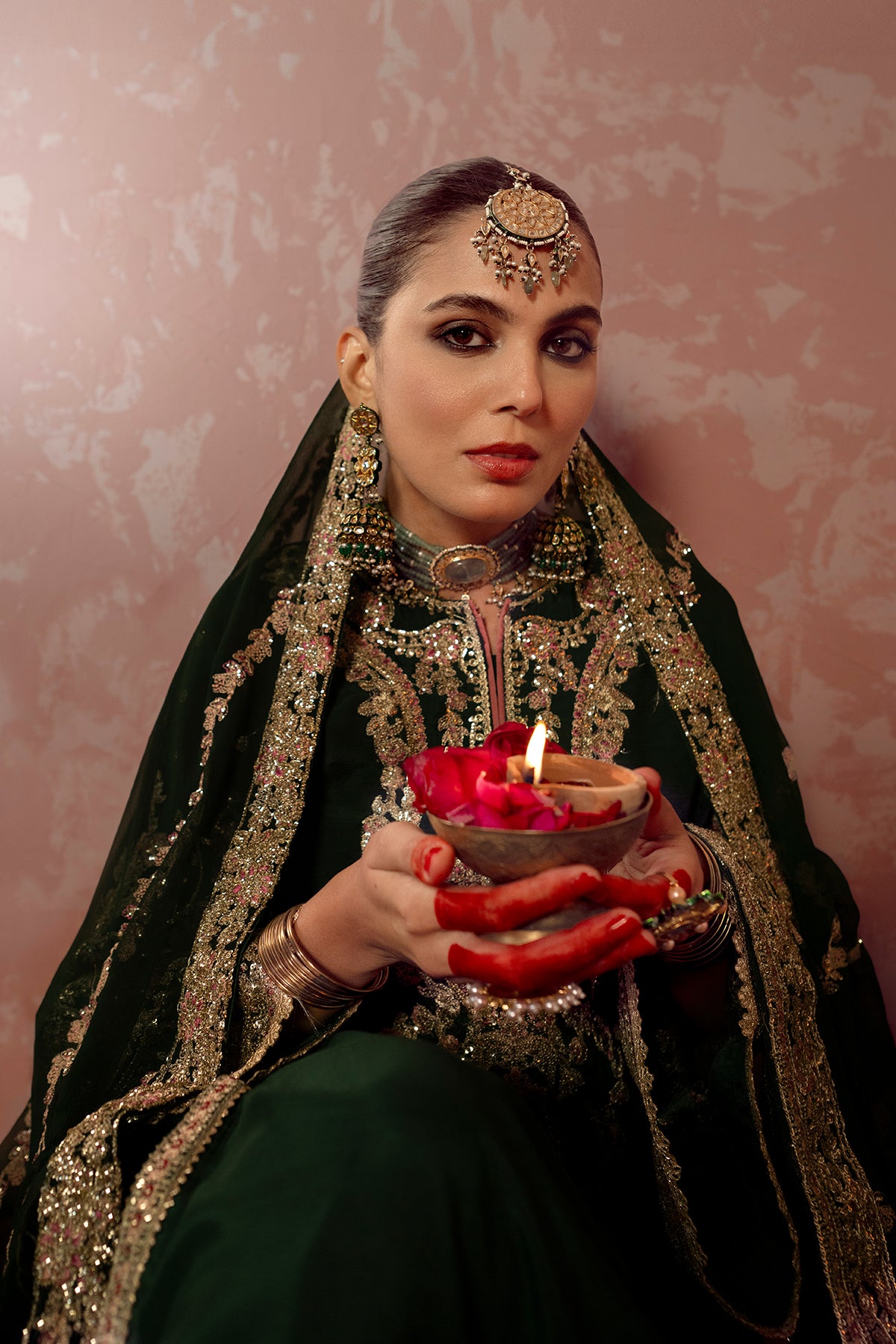 Pakistani Deep Green Embroidered Raw Silk Salwar Kameez (3-Piece) - Image 7