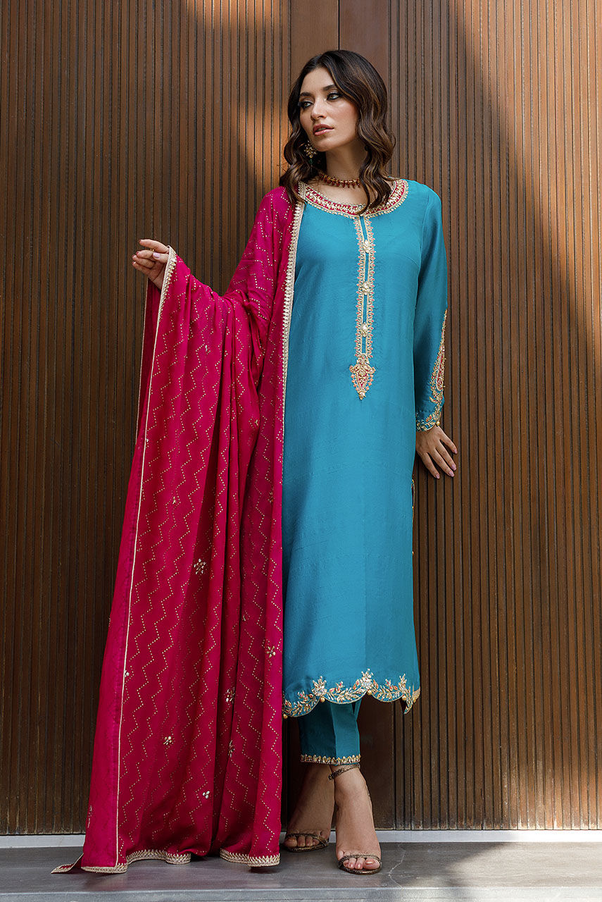 Sea Green Embroidered Raw Silk Salwar Kameez (3-Piece) - Image 1