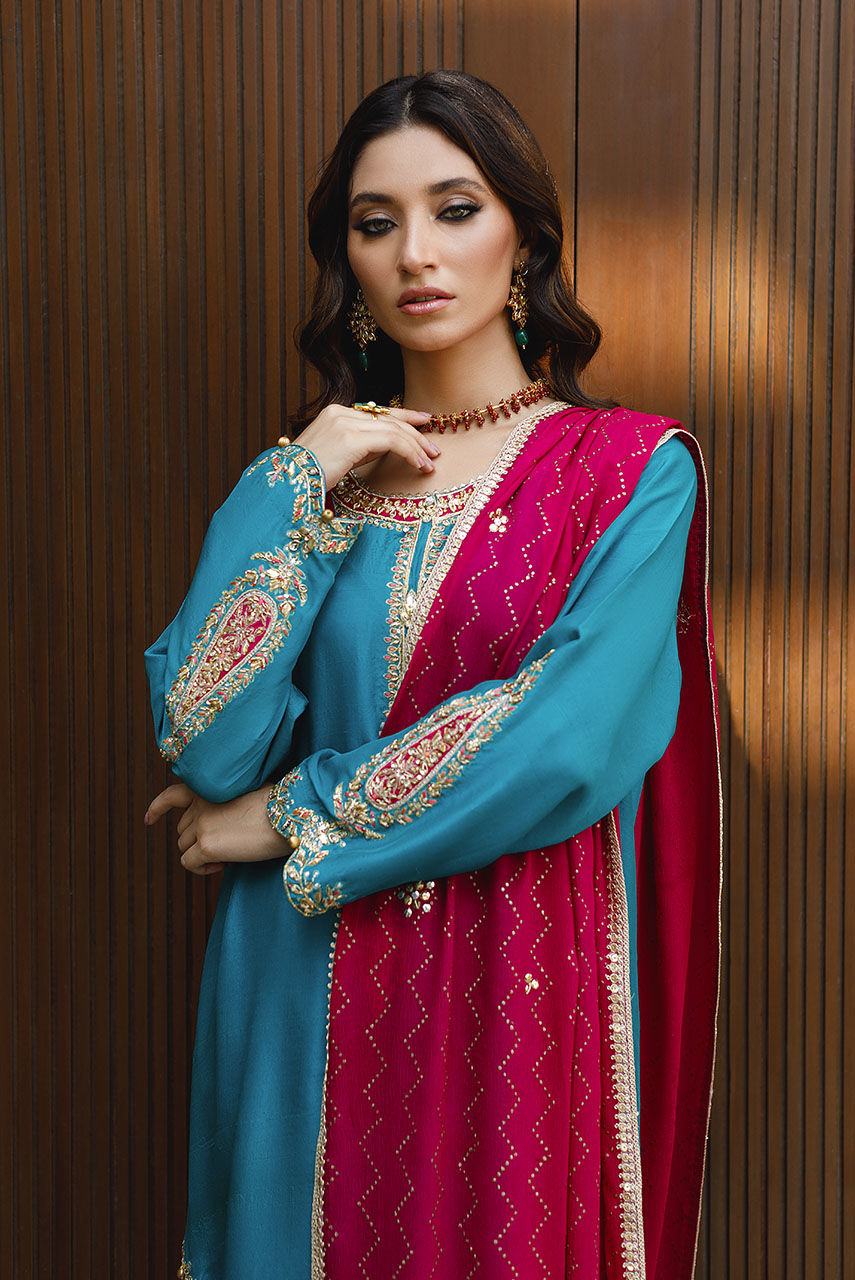 Sea Green Embroidered Raw Silk Salwar Kameez (3-Piece) - Image 2