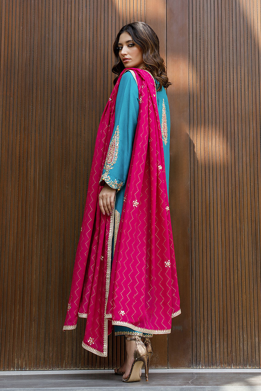 Sea Green Embroidered Raw Silk Salwar Kameez (3-Piece) - Image 3