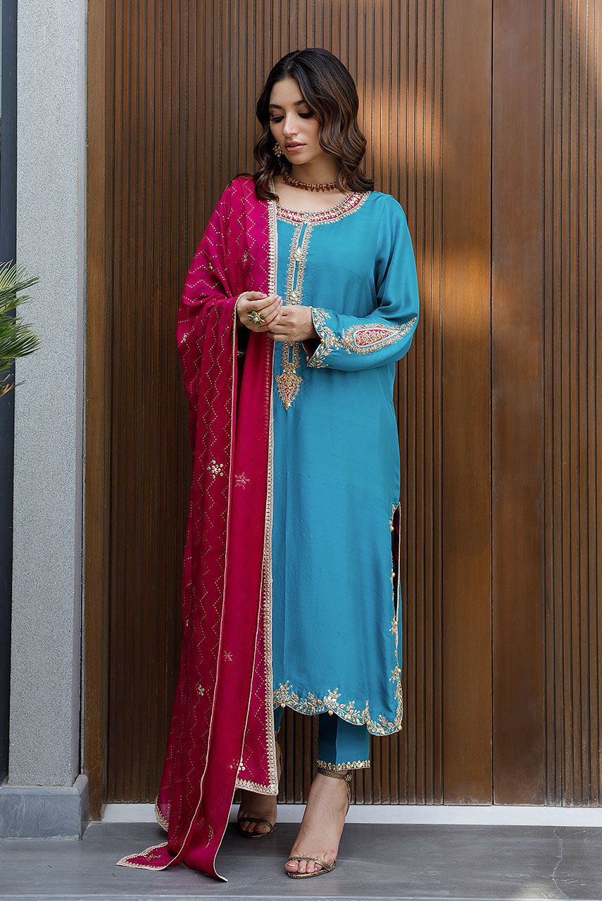 Sea Green Embroidered Raw Silk Salwar Kameez (3-Piece) - Image 4