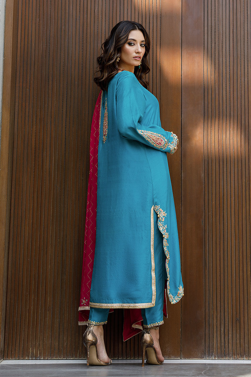 Sea Green Embroidered Raw Silk Salwar Kameez (3-Piece) - Image 5