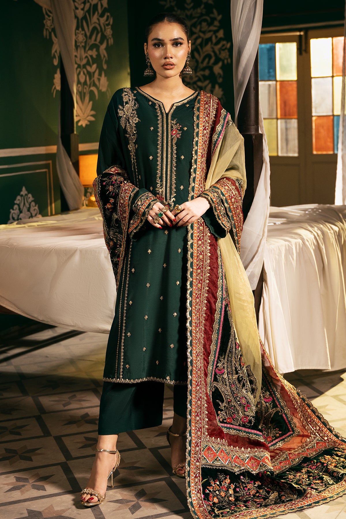 Pakistani Deep Green Embroidered Raw Silk Salwar Kameez (3-Piece) - Image 1