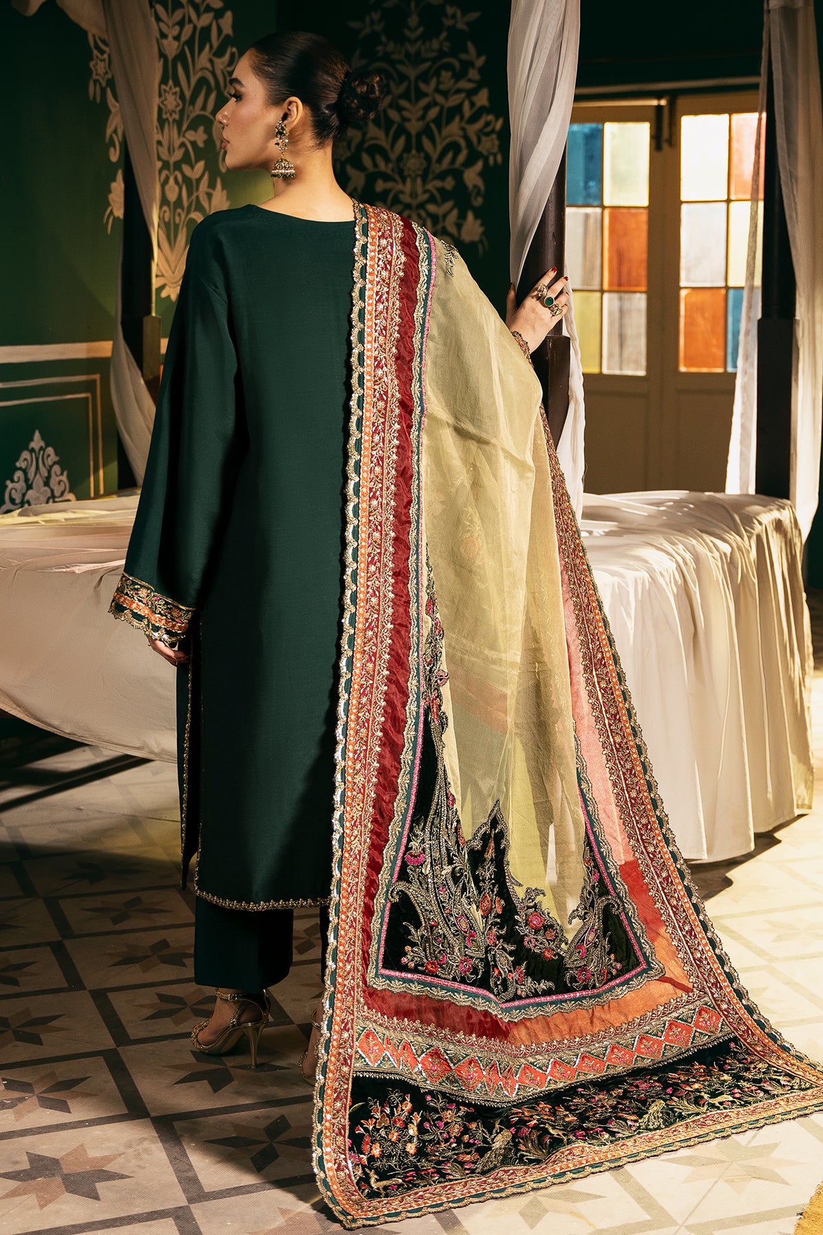 Pakistani Deep Green Embroidered Raw Silk Salwar Kameez (3-Piece) - Image 2