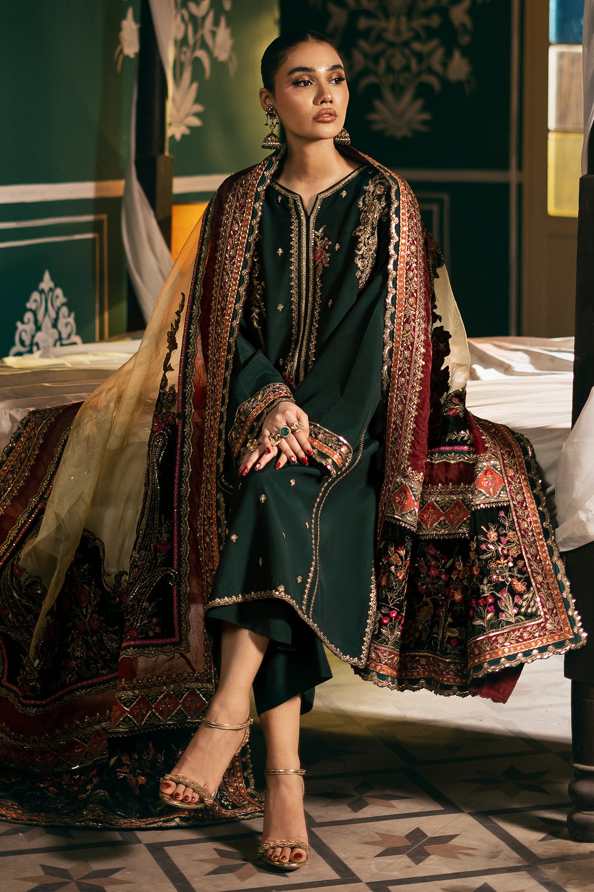 Pakistani Deep Green Embroidered Raw Silk Salwar Kameez (3-Piece) - Image 4