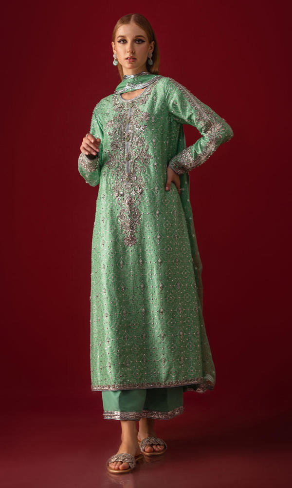 Pakistani Green Chunri Hand-Embellished Raw Silk Salwar Kameez (3-Piece) - Image 10