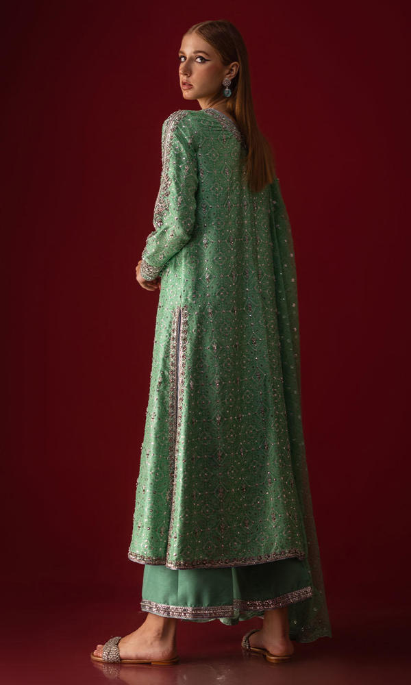 Pakistani Green Chunri Hand-Embellished Raw Silk Salwar Kameez (3-Piece) - Image 4