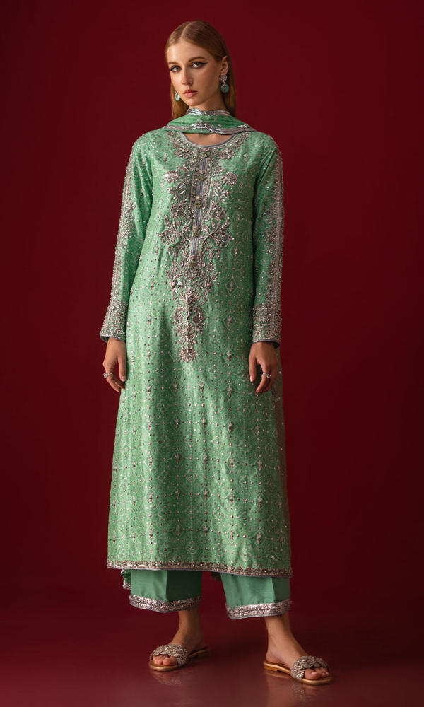 Pakistani Green Chunri Hand-Embellished Raw Silk Salwar Kameez (3-Piece) - Image 5