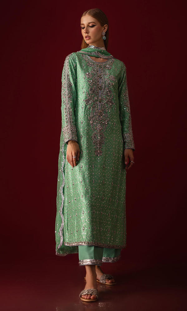 Pakistani Green Chunri Hand-Embellished Raw Silk Salwar Kameez (3-Piece) - Image 7