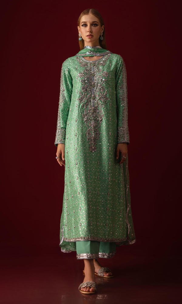 Pakistani Green Chunri Hand-Embellished Raw Silk Salwar Kameez (3-Piece) - Image 9
