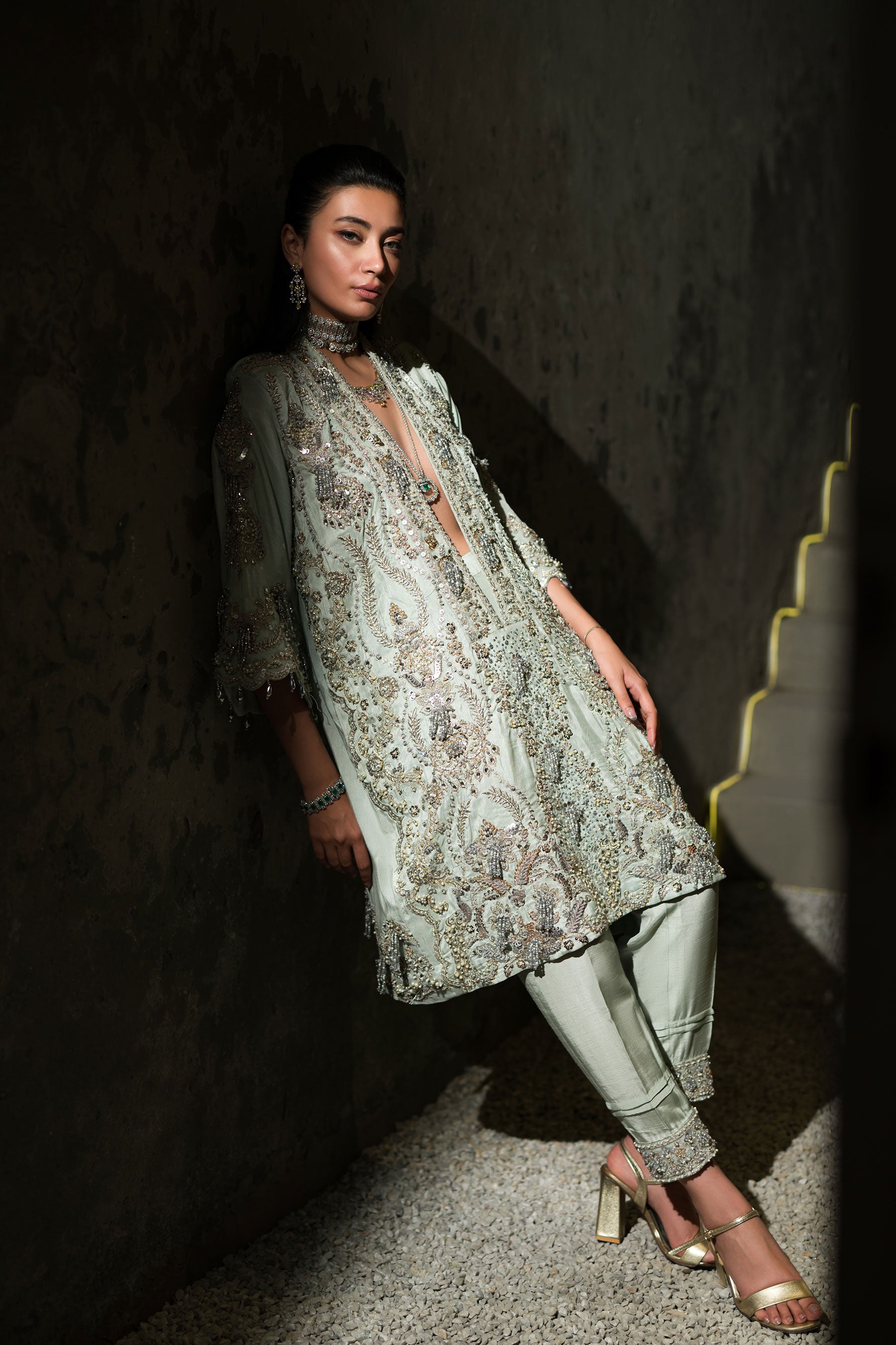 Aqua Mint Embroidered Silk Tunic Set (2-Piece) - Image 3