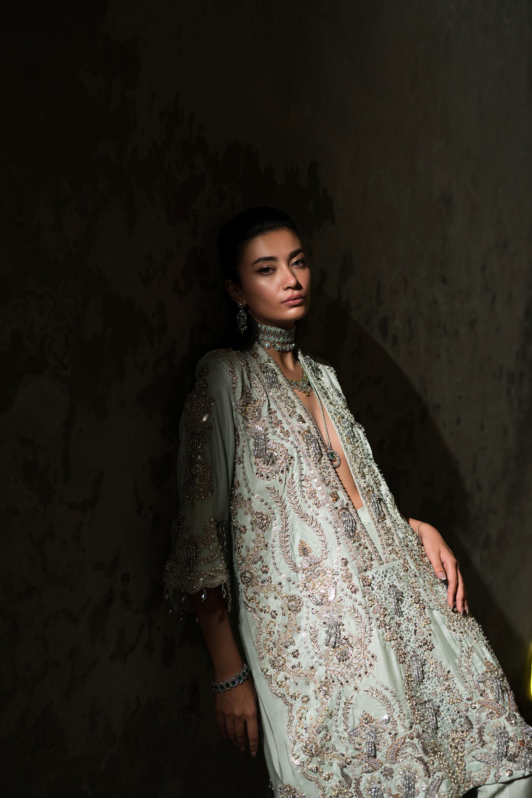 Aqua Mint Embroidered Silk Tunic Set (2-Piece) - Image 5