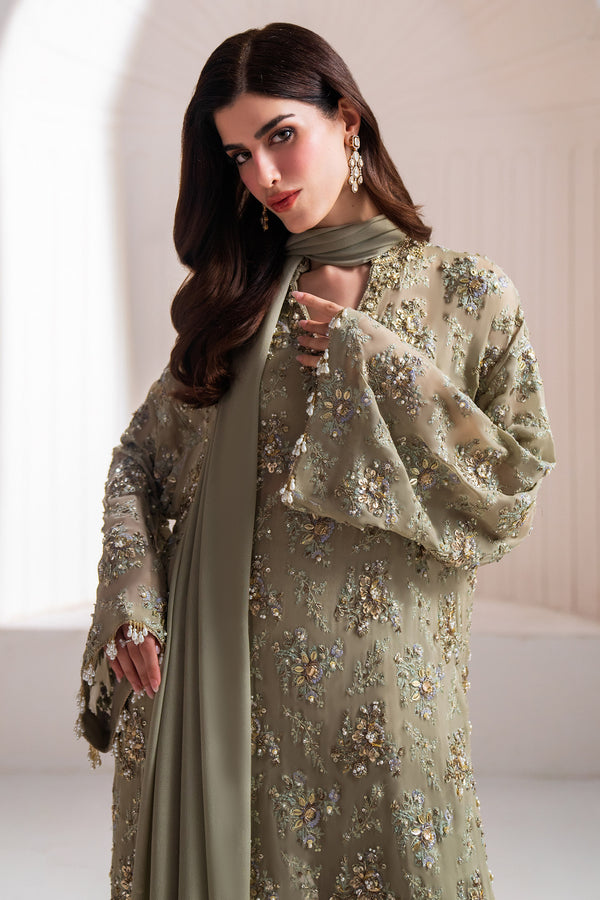 Sage Green Embellished Raw Silk & Chiffon Salwar Kameez (3-Piece) - Image 3