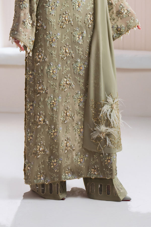 Sage Green Embellished Raw Silk & Chiffon Salwar Kameez (3-Piece) - Image 5