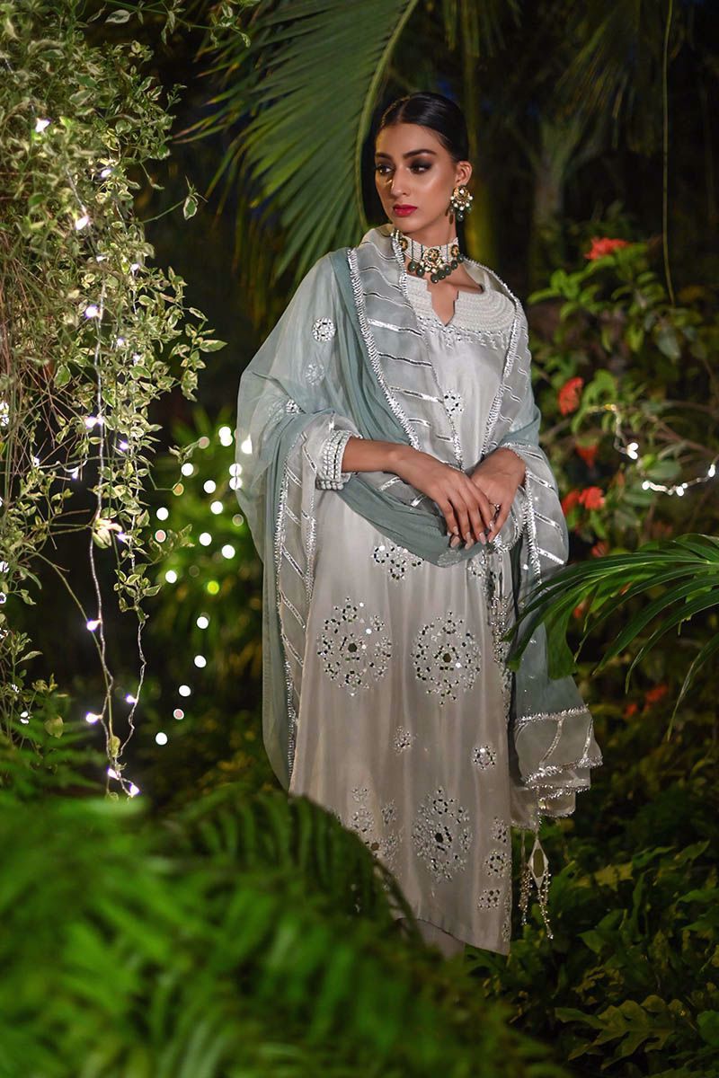 Pakistani Mint Green Sheesha Embroidered Raw Silk Kurta (3-Piece) - Image 2