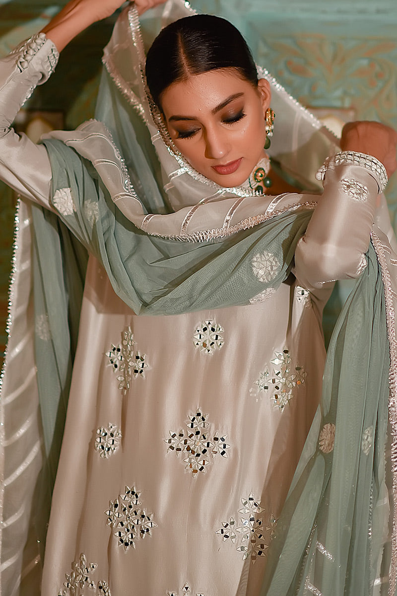Pakistani Mint Green Sheesha Embroidered Raw Silk Kurta (3-Piece) - Image 5