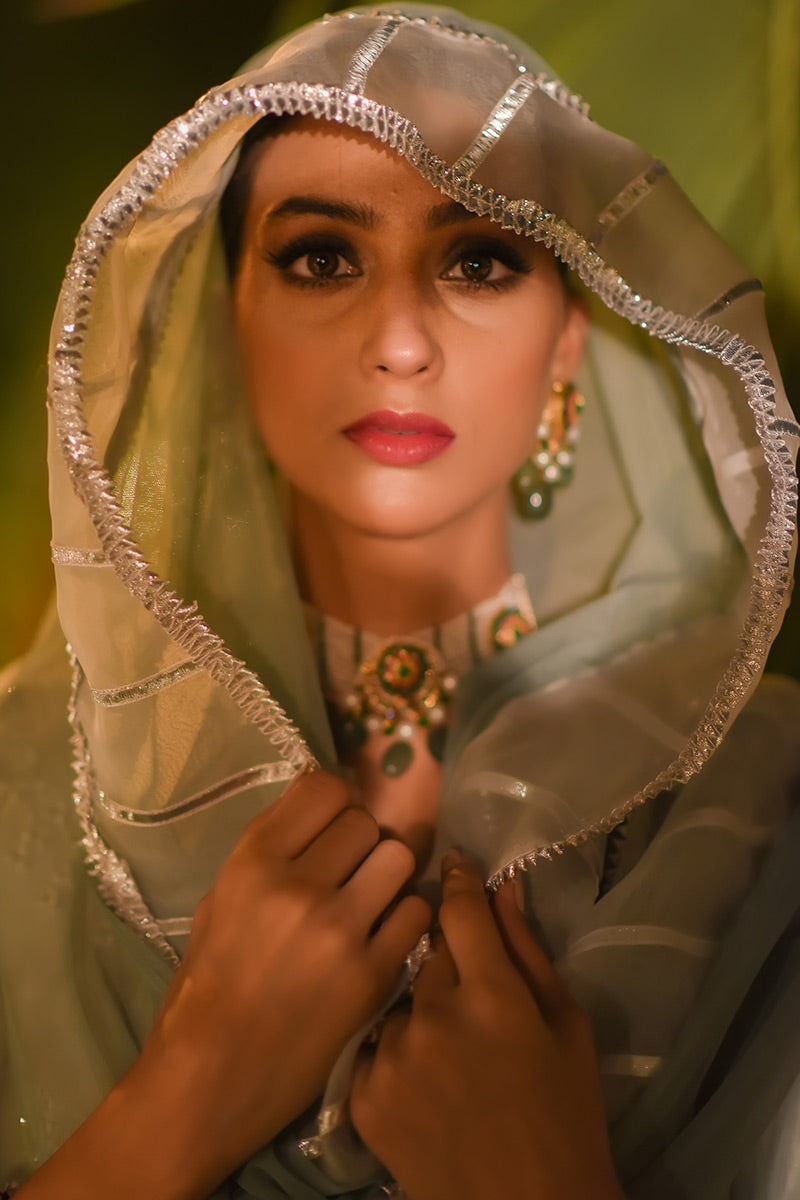 Pakistani Mint Green Sheesha Embroidered Raw Silk Kurta (3-Piece) - Image 6