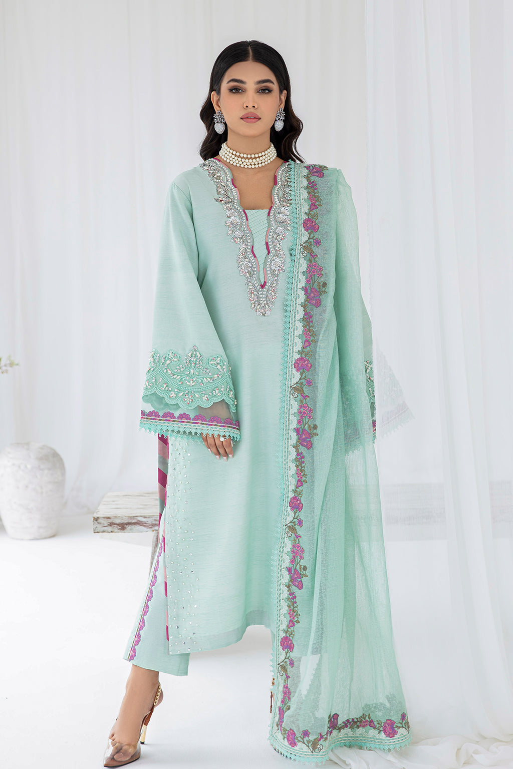 Pakistani Mint Aqua Embroidered Korean Raw Silk Salwar Kameez (3-Piece) - Image 1