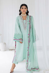 Pakistani Mint Aqua Embroidered Korean Raw Silk Salwar Kameez (3-Piece) - Image 2