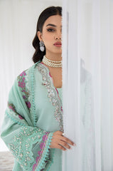 Pakistani Mint Aqua Embroidered Korean Raw Silk Salwar Kameez (3-Piece) - Image 3
