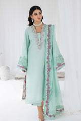 Pakistani Mint Aqua Embroidered Korean Raw Silk Salwar Kameez (3-Piece) - Image 4