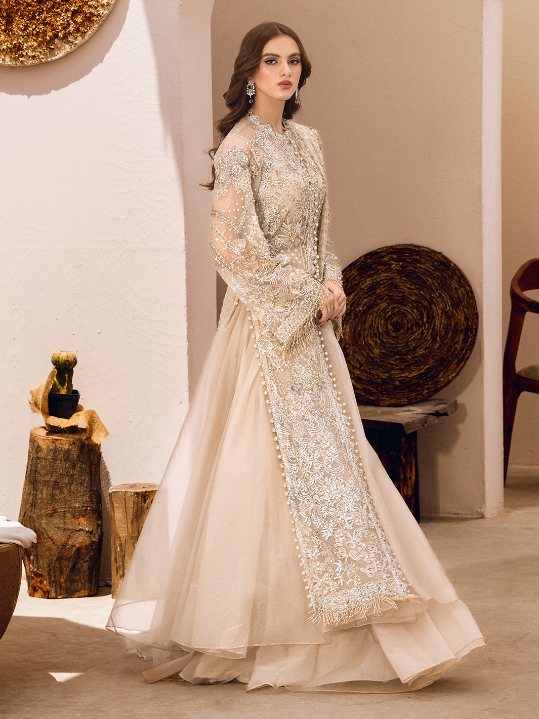 Pakistani Pista Green Embroidered Raw Silk & Net Long Shirt (3-Piece) - Image 1