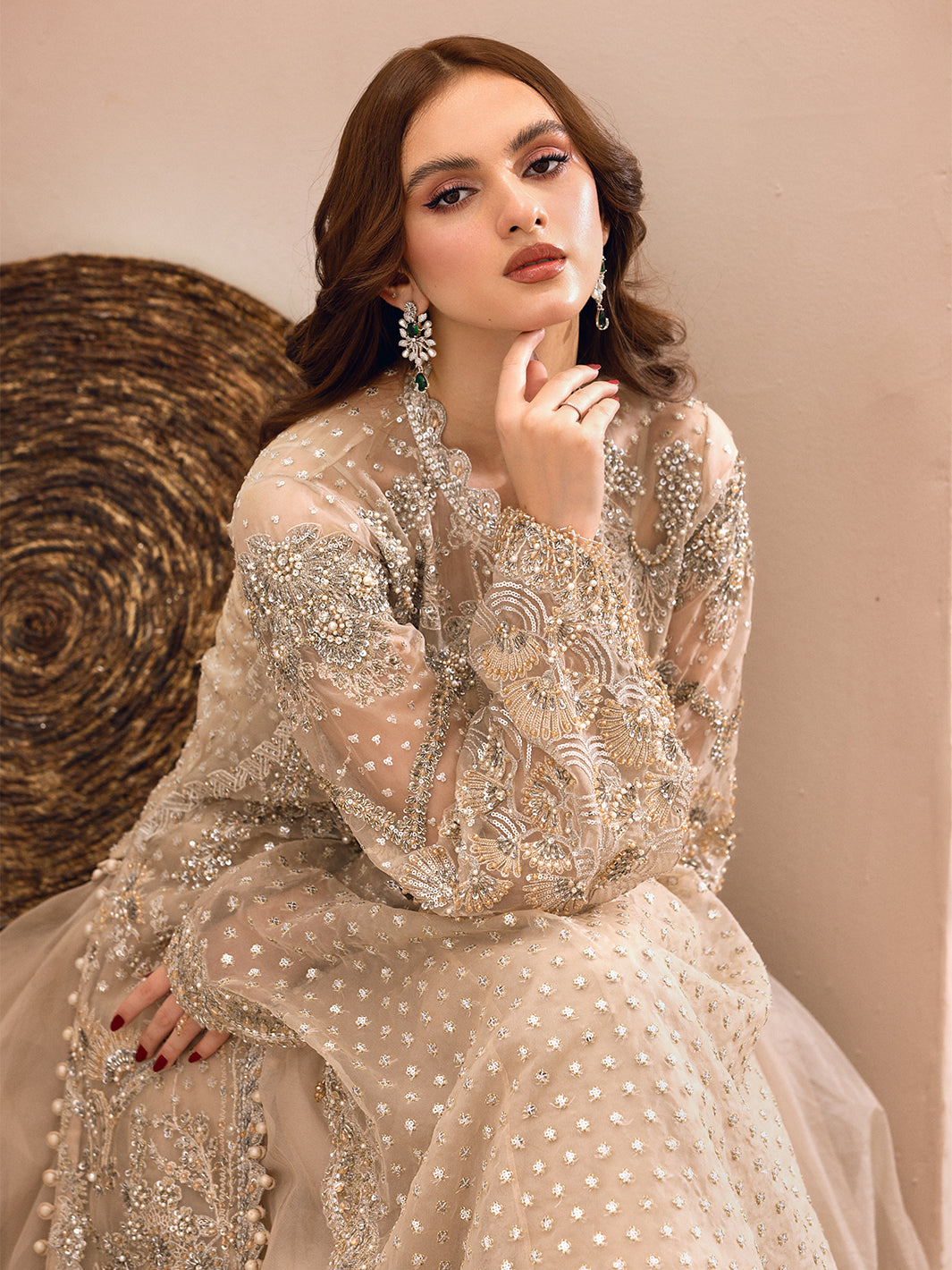 Pakistani Pista Green Embroidered Raw Silk & Net Long Shirt (3-Piece) - Image 10