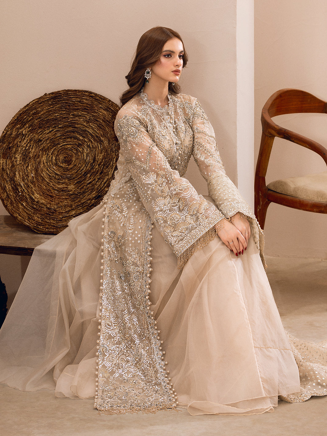 Pakistani Pista Green Embroidered Raw Silk & Net Long Shirt (3-Piece) - Image 11