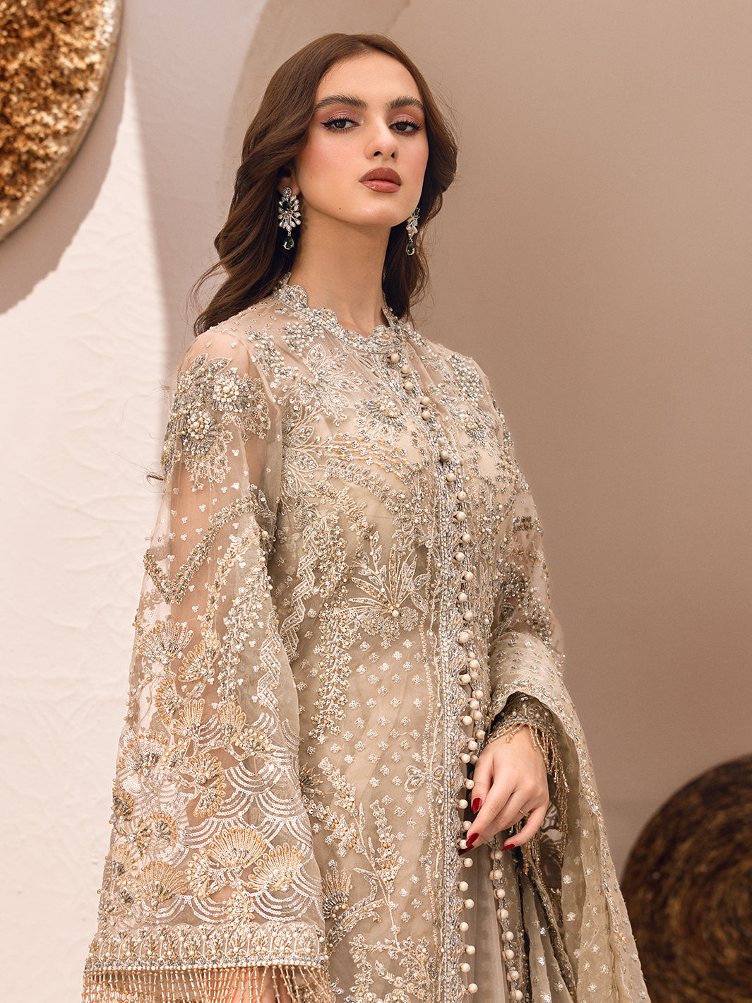 Pakistani Pista Green Embroidered Raw Silk & Net Long Shirt (3-Piece) - Image 12