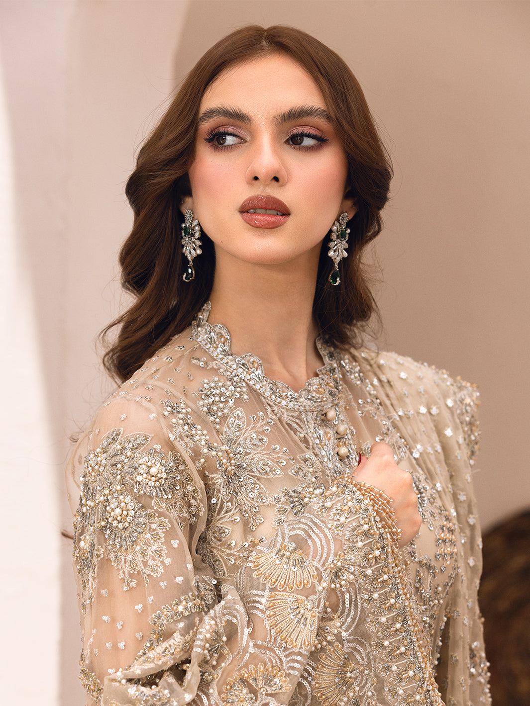 Pakistani Pista Green Embroidered Raw Silk & Net Long Shirt (3-Piece) - Image 13