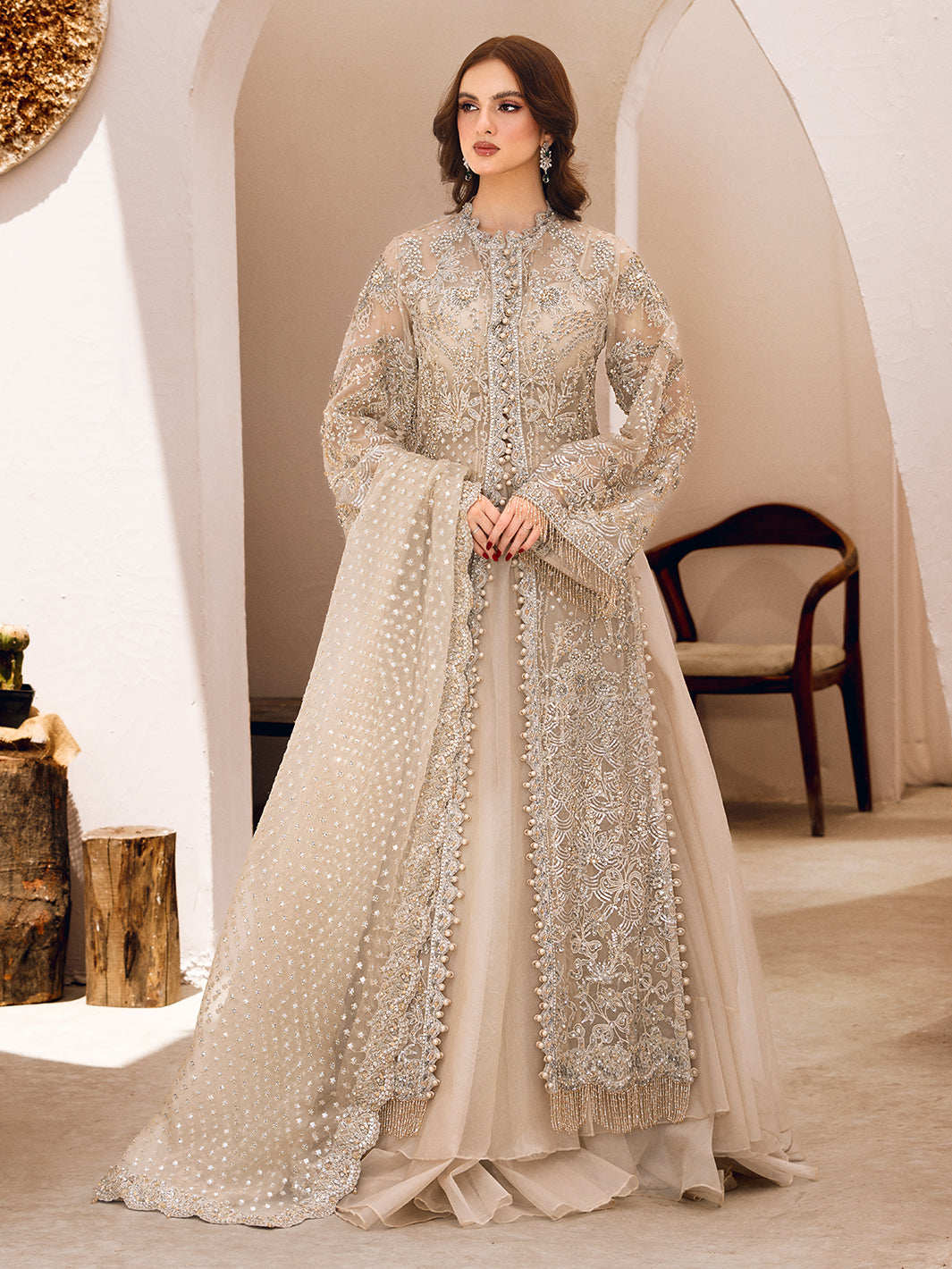 Pakistani Pista Green Embroidered Raw Silk & Net Long Shirt (3-Piece) - Image 2