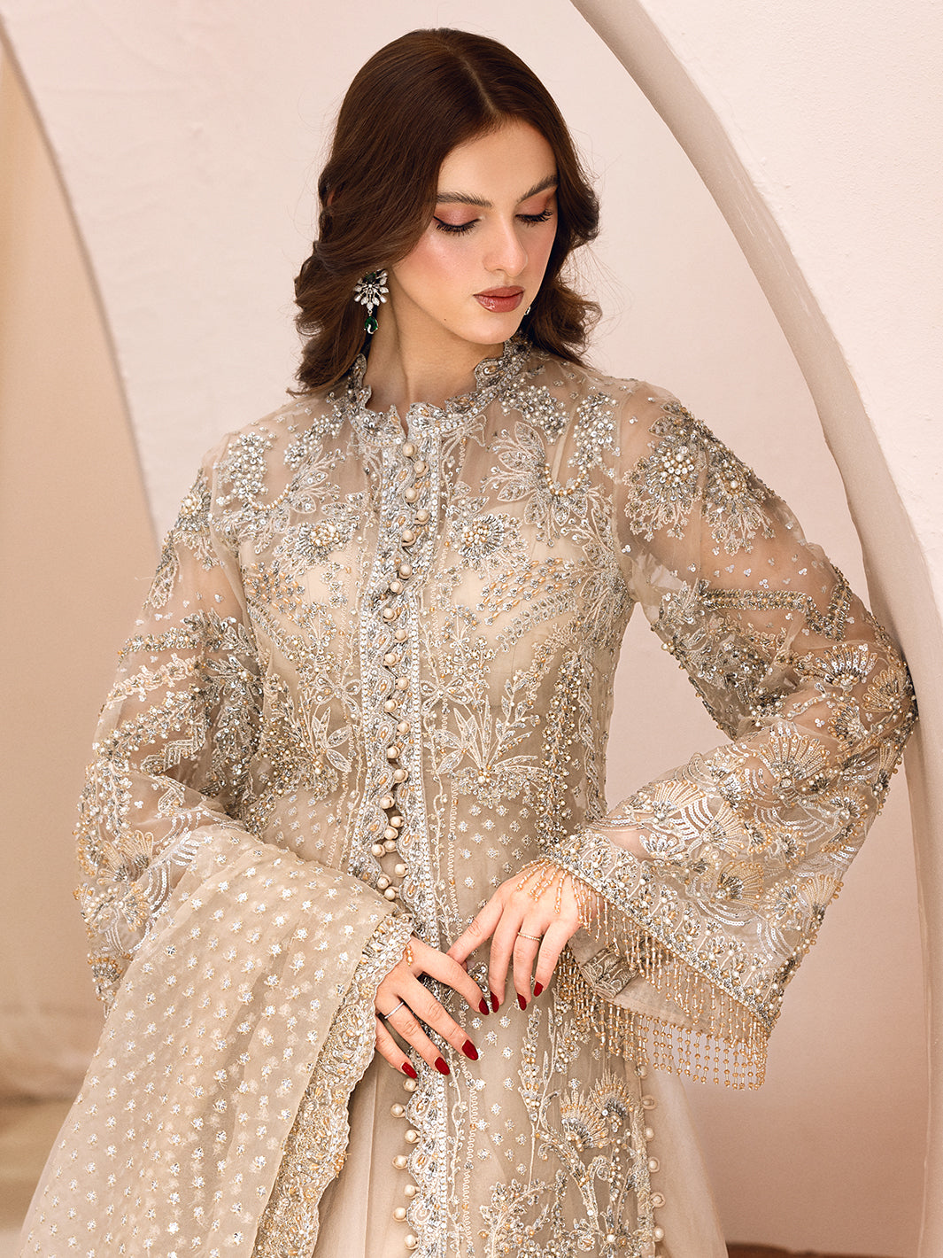 Pakistani Pista Green Embroidered Raw Silk & Net Long Shirt (3-Piece) - Image 3