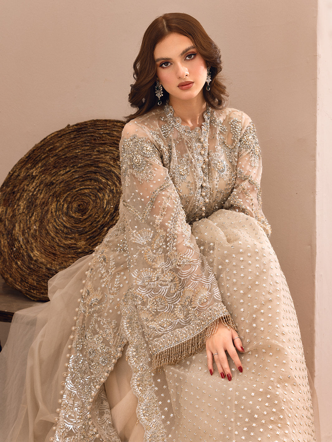 Pakistani Pista Green Embroidered Raw Silk & Net Long Shirt (3-Piece) - Image 7